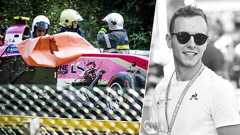Das Wrack des Rennwagens von Anthoine Hubert nach dem schweren Unfall. Der junge Rennfahrer erlag seinen schweren Verletzungen.