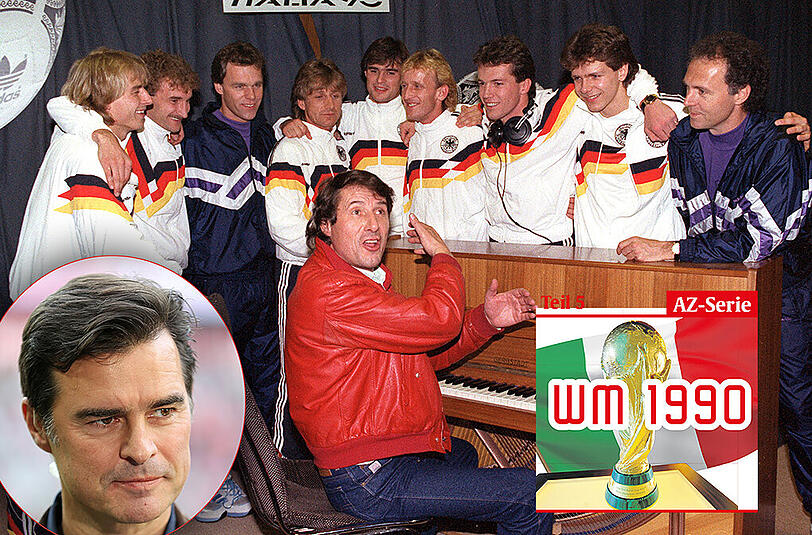 &bdquo;Die Studioauftritte mit Udo Jürgens (vorn) waren legendär, 25 Jahre danach aber eher was für ,Versteckte Kamera&rsquo;&ldquo;, sagt Berthold (Mitte hinten) über den WM-Song.