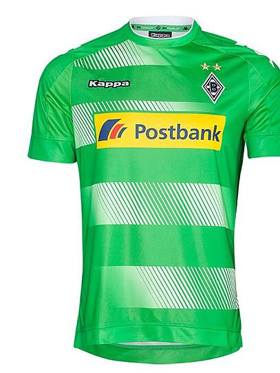 Das Auswärtstrikot von Borussia Mönchengladbach ist in grün gehalten mit weißen Streifen.
