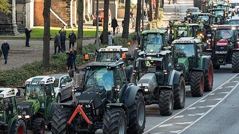 Landwirte fahren während einer Sternfahrt mit Treckern durch eine Innenstadt. Foto: Daniel Bockwoldt/dpa/Archivbild