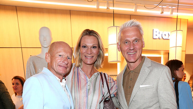 Maria H&ouml;fl-Riesch und Partner Johann Schrempf (l.) mit Brax-Gesch&auml;ftsf&uuml;hrer Marc Freyberg.