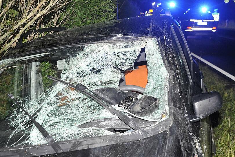 Nach der Kolision: Das Auto kam demoliert in einem Gebüsch neben der Straße zum Stehen.