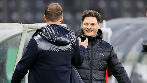 Edin Terzic (r) begrüßt Julian Nagelsmann vor einem Spiel.