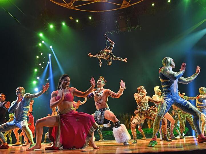 Die Artisten stehen nach der Preview der Show "Totem" des Cirque du Soleil auf der Bühne. Foto: Ursula Düren/dpa/Archivbild