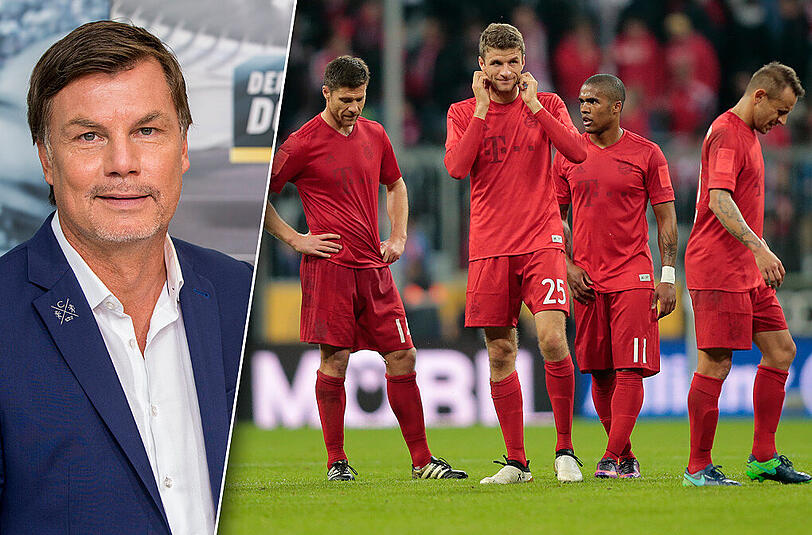 "Die Bayern leiden darunter, dass Müller (m.) nicht mehr trifft", meint Thomas Helmer, der außerdem bemängelt, dass es dem Mittelfeld an Schnelligkeit fehlt.