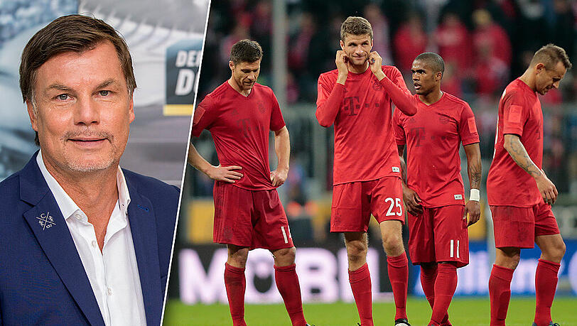"Die Bayern leiden darunter, dass Müller (m.) nicht mehr trifft", meint Thomas Helmer, der außerdem bemängelt, dass es dem Mittelfeld an Schnelligkeit fehlt. "Die Bayern leiden darunter, dass Müller (m.) nicht mehr trifft", meint Thomas Helmer, der außerdem bemängelt, dass es dem Mittelfeld an Schnelligkeit fehlt.