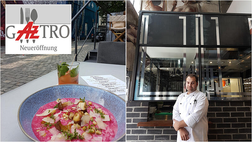 Das Rote-Bete-Risotto. Rechts: Mural-Chefkoch Clemens Pfister.