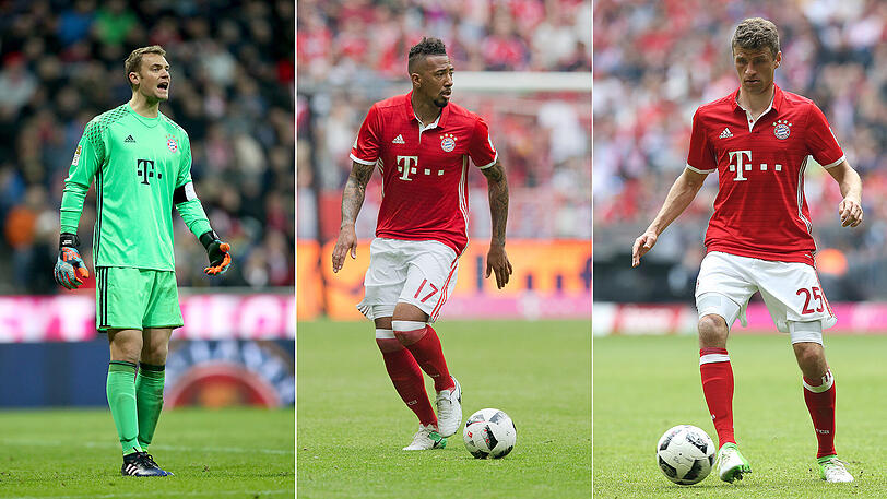 Manuel Neuer soll gegen Real Madrid wieder fit sein, Jérôme Boateng ist einer von drei Topverteidigern, Thomas Müller ist am Sprunggelenk verletzt (von links).
