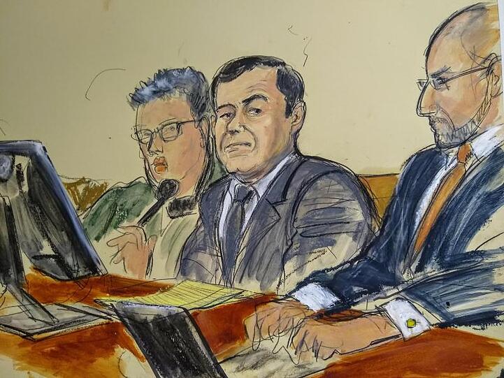 Gerichtszeichnung vom Prozess in New York. Die ursprünglich 17 Anklagepunkte sind im Prozess auf zehn verringert worden.