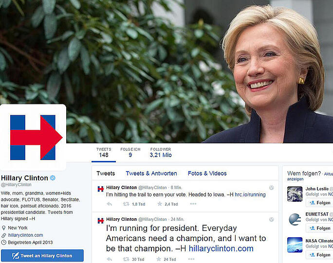Der Sreenshot der Twitter-Seite von Hillary Clinton vom 12.04.2015 zeigt das Porträt der Politikerin mit dem Zitat «I'm running for president...» (Ich bewerbe mich um die Präsidentschaft).
