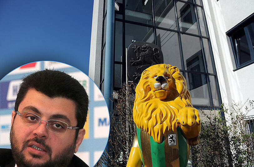 Hier könnten &ndash; und müssten &ndash; die Löwen im Extremfall sparen: Die Geschäftsstelle an der Grünwalder Straße. Kleines Bild: TSV-Investor Hasan Ismaik.