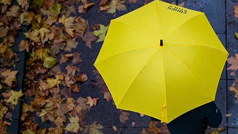 Eine Person läuft mit einem Regenschirm auf einem Gehweg. Foto: Tom Weller/dpa/Symbolbild