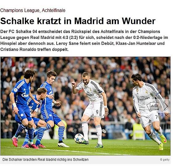 Das Internetportal Spox.com lobt: "Schalke kratzt in Madrid am Wunder"
