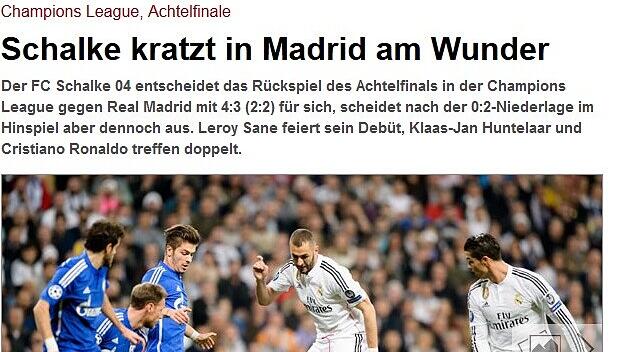 Das Internetportal Spox.com lobt: "Schalke kratzt in Madrid am Wunder" Das Internetportal Spox.com lobt: "Schalke kratzt in Madrid am Wunder"