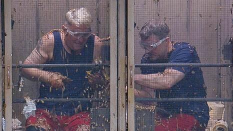 Ein seltener Moment in Action bei der Dschungelpr&uuml;fung: Normalerweise chillen Hubert Fella (l.) und Hardy Kr&uuml;ger lieber.