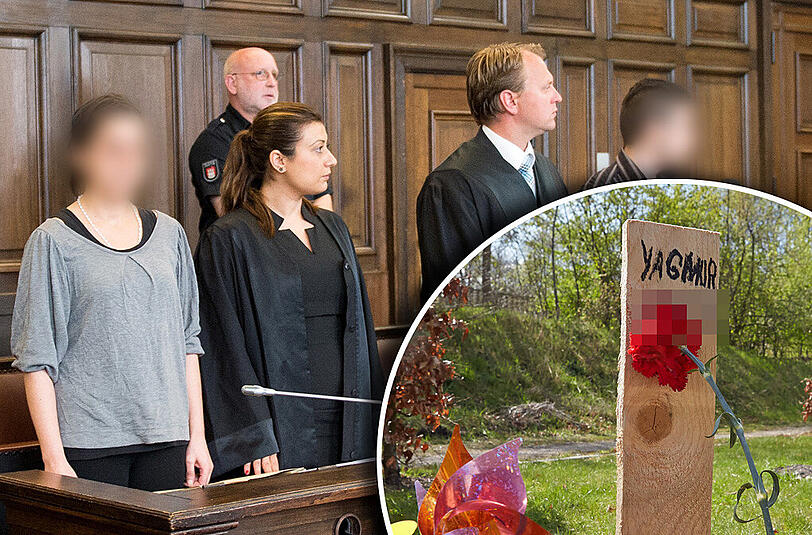Die Eltern der getöteten Yagmur (l und r) stehen am 11.06.2014 zu Beginn des Prozesses im Landgericht in Hamburg in einem Gerichtssaal neben ihren Verteidiger  Sultan Maden-Celik (2.v.l.) und Carsten Kerschies (2.v.r.). Kleines Bild: Das Grab des Kindes.