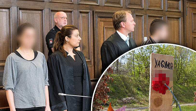 Die Eltern der getöteten Yagmur (l und r) stehen am 11.06.2014 zu Beginn des Prozesses im Landgericht in Hamburg in einem Gerichtssaal neben ihren Verteidiger Sultan Maden-Celik (2.v.l.) und Carsten Kerschies (2.v.r.). Kleines Bild: Das Grab des Kindes. Die Eltern der getöteten Yagmur (l und r) stehen am 11.06.2014 zu Beginn des Prozesses im Landgericht in Hamburg in einem Gerichtssaal neben ihren Verteidiger Sultan Maden-Celik (2.v.l.) und Carsten Kerschies (2.v.r.). Kleines Bild: Das Grab des Kindes.