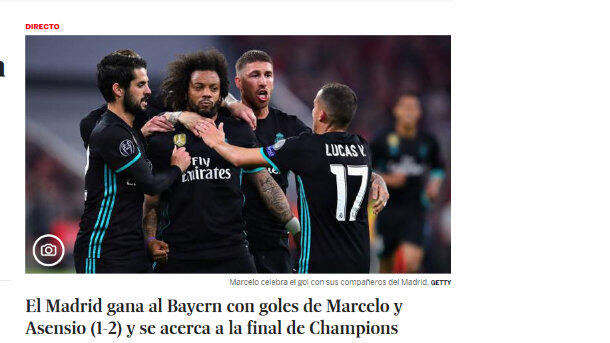 Ähnlich in der Bildauswahl, ähnlich im Tenor El Pais: "Madrid gewinnt durch Tore von Marcelo und Asensio und rückt dem Endpspiel nahe."