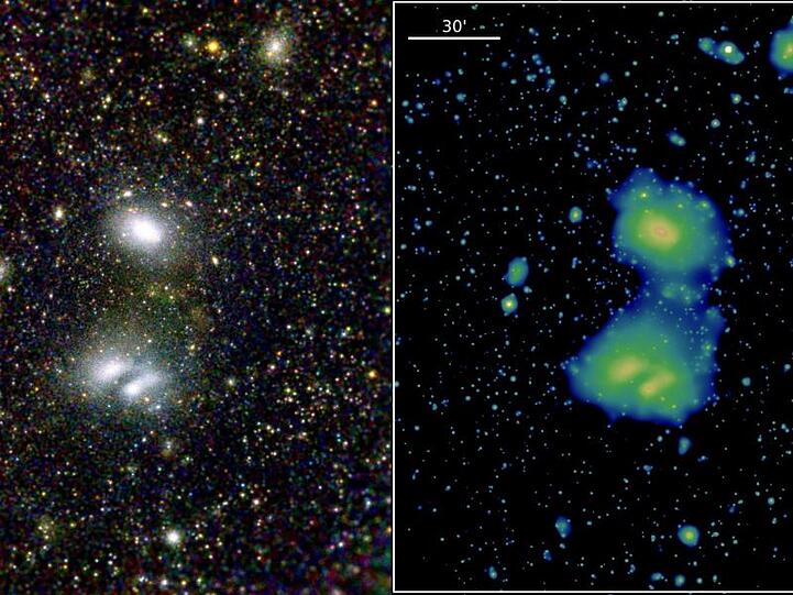 Die interagierenden Galaxienhaufen A3391 und A3395 sind auf diesen "eRosita"-Bildern zu sehen. Foto: Reiprich/Ramos-Ceja/ et al./MPE/IKI/dpa