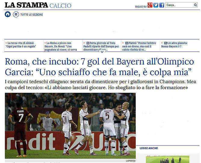 "Alptraumhafte Nacht für Rom: Bayern macht 7" - La Stampa (Italien)