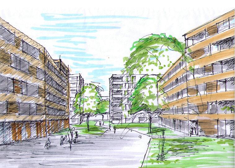 Der Entwurf von "Blaumoser Architekten" aus Starnberg und den Landschaftsarchitekten Zaharias: Der Entwurf setzt auf eine kompakte Quartiersmitte, deren Wege vor allem auf Fußgänger und Radler ausgelegt sind, der Autoverkehr soll schon vor dem Viertel abgefangen werden. Frei nach dem Motto "Harte Schale, weicher Kern".
