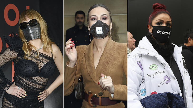 Corona-Couture: Popstar Myss Keta mit silbernem Mundschutz auf der "Bulgari Roma x Constantin Film Night" im Rahmen der Berlinale (li.) und Besucherinnen der London Fashion Week (mi. und re.)