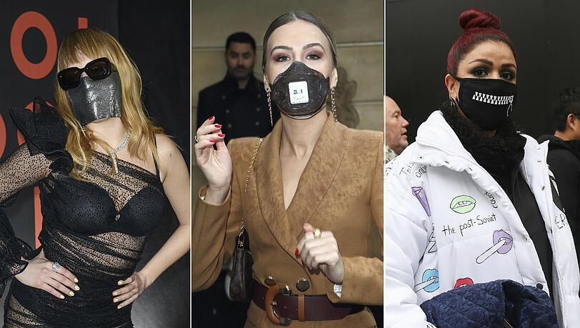 Corona-Couture: Popstar Myss Keta mit silbernem Mundschutz auf der "Bulgari Roma x Constantin Film Night" im Rahmen der Berlinale (li.) und Besucherinnen der London Fashion Week (mi. und re.) Corona-Couture: Popstar Myss Keta mit silbernem Mundschutz auf der "Bulgari Roma x Constantin Film Night" im Rahmen der Berlinale (li.) und Besucherinnen der London Fashion Week (mi. und re.)