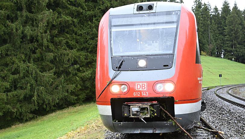 Der entgleiste Zug steht nahe einem Abhang.