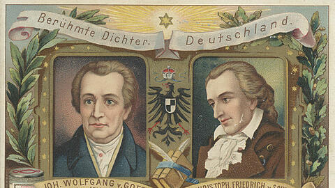 Die geistigen Heroen aus Weimar schafften es schon Ende des 19. Jahrhunderts in die Popkultur: Hier sind sie als Sammelbildchen auf Liebigs Fleischextrakt-Packungen.