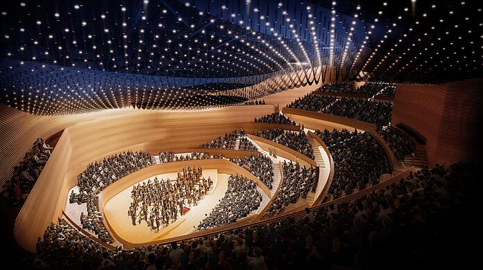 Eine Simulation der neu konzipierten Philharmonie. Das Büro des Münchner Architekten Gunter Henn hat sie mit dem Akustiker Yasuhisa Toyota entwickelt.