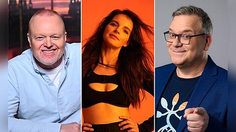 Stefan Raab (li.), Yvonne Catterfeld und Elton bilden die Hauptjury für den deutschen ESC-Vorentscheid.