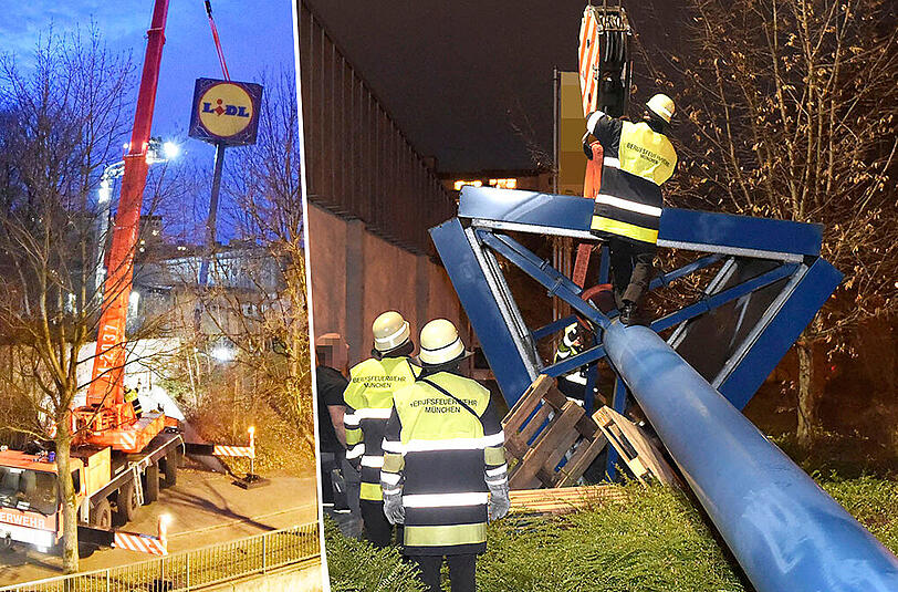 Feuerwehreinsatz am Donnerstagnachmittag: Eine Werbetafel eines Discounters drohte durch starke Windböen umzuknicken.