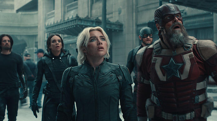 Bucky Barnes (v.l., Sebastian Stan), Ghost (Hannah John-Kamen), Yelena Belova (Florence Pugh), John Walker (Wyatt Russell) und Alexei Shostakov (David Harbour) im neuen Marvel-Film.