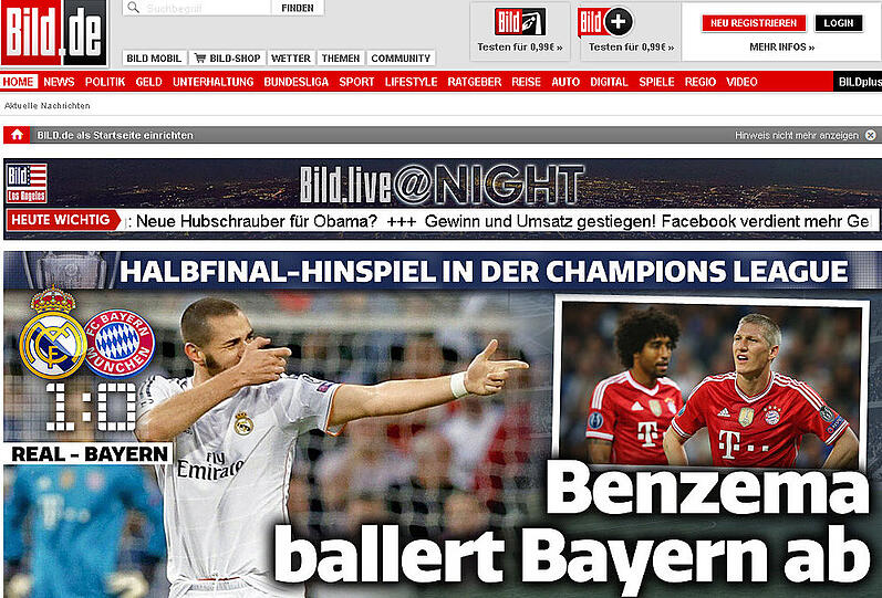 Bild.de titelt: "Benzema ballert Bayern ab".