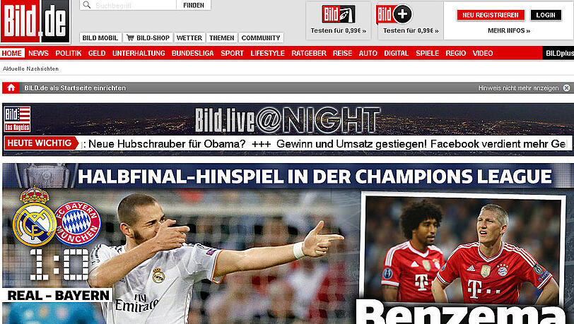 Bild.de titelt: "Benzema ballert Bayern ab". Bild.de titelt: "Benzema ballert Bayern ab".