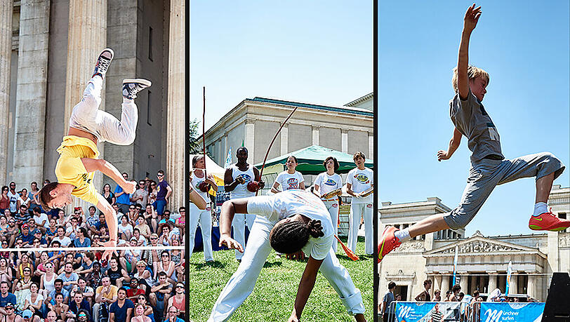 Slacklining, Kampfsport, Parkour: Rund 90 Sportarten kann man am Sonntag auf dem Königsplatz testen. Slacklining, Kampfsport, Parkour: Rund 90 Sportarten kann man am Sonntag auf dem Königsplatz testen.