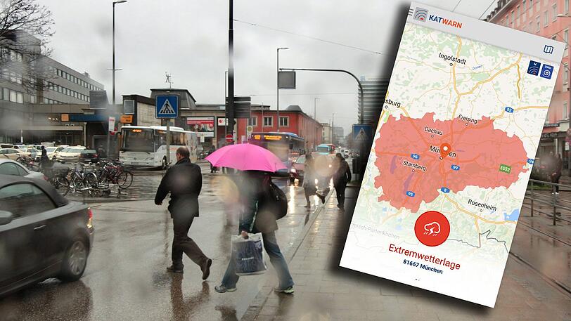 Ein trockenes Fleckchen suchen die Münchner derzeit vergebens. Das Warnsystem KATWARN meldet eine Extremwetterlage.