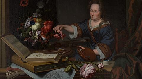 Mit 28 Jahren ist Rachel Ruysch schon so erfolgreich, dass Michiel van Musscher sie porträtiert. Dabei demonstriert die Malerin, was für sie wichtig ist: echten Blumen natürlich und ein Skizzenbuch. Das Gemälde aus New York ist 1692 entstanden.