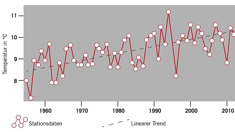 Die Grafik zeigt die Jahresmitteltemperatur seit 1955. Die Grafik zeigt die Jahresmitteltemperatur seit 1955.