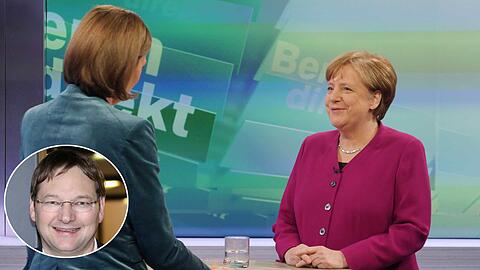 Bundeskanzlerin Angela Merkel (r.) bei "Berlin direkt" mit Bettina Schausten, Leiterin des ZDF-Hauptstadtstudios. JU-Chef Hannes Reichart glaubt der Kanzlerin.