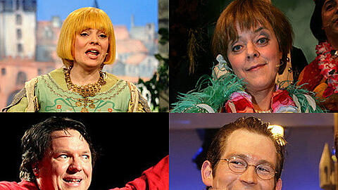 Die Darsteller: Corinna Duhr (Angela Merkel), Stefan Murr (zu Guttenberg), Helmut Schleich (Ex-Steinmeier) und Eva-Maria Höfling (Claudia Roth).