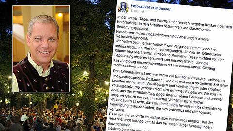 Der Biergarten vom Hofbräukeller. Oben rechts die Facebook-Mitteilung von Ricky Steinberg (kleines Bild), die viele Kommentare und Missbilligungen provoziert hat.