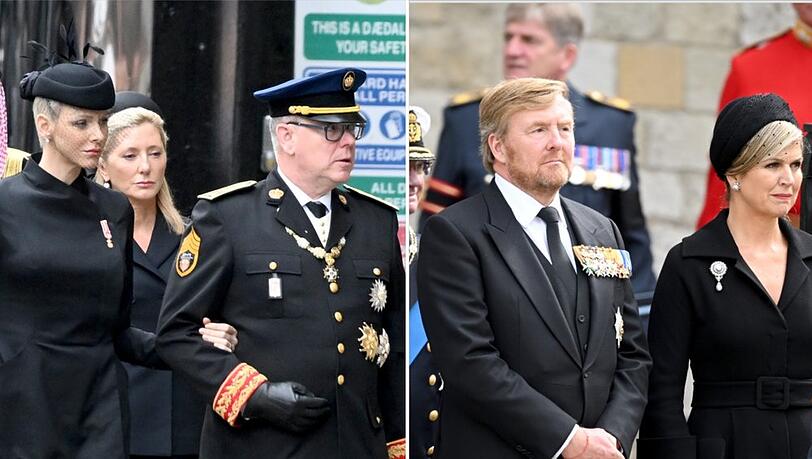 Fürstin Charlène von Monaco (l.) und Ehemann Fürst Albert II. während des Staatsbegräbnisses. Daneben König Willem-Alexander der Niederlande (l.) und Königin Máxima.