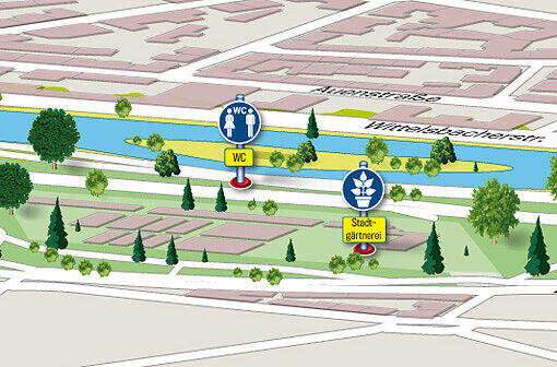 Höhe Klenzestraße: Rechts der Isar ist die Stadtgärtnerei angesiedelt. Am linken Ufer ist der Radweg entlang der Wittelsbacher Straße gut ausgebaut.