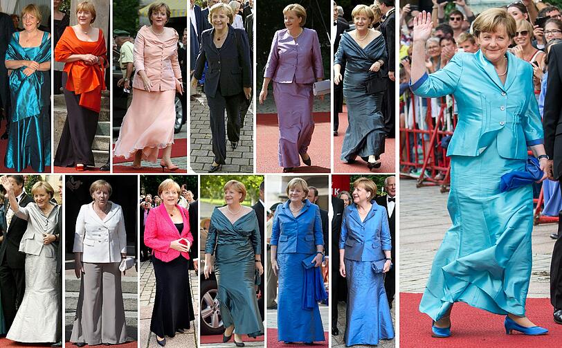 Die Bildkombo zeigt Bundeskanzlerin Angela Merkel bei ihrer Ankunft zu den Bayreuther Festspielen in Bayreuth am 25. Juli 2015. Oben von links nach rechts sind die jeweiligen Festroben in den vorangegangenen Jahren 2003 - 2008 zu sehen und unten von links die aus den Jahren 2009 - 2014.