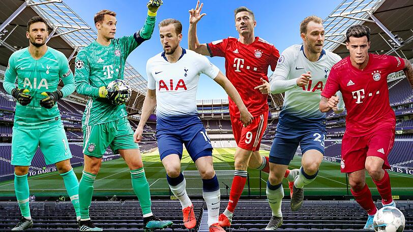 Die Entscheider-Duelle beim Spiel Tottenham &ndash; Bayern: Lloris gegen Neuer, Kane gegen Lewandowski und Eriksen gegen Coutinho (v.l.).