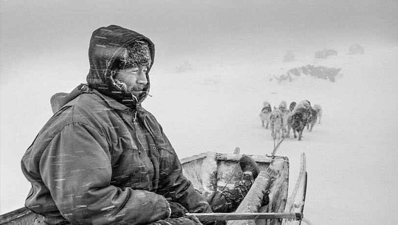 Der Jäger Hjelmer Hammeken auf dem Weg nach Hause über das Meereis. Grönland, 1995 Der Jäger Hjelmer Hammeken auf dem Weg nach Hause über das Meereis. Grönland, 1995