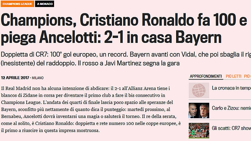 Italiens Sport-Fachblatt "Gazetta dello Sport" beschäftgt sich natürlich auch mit dem Bayern-Trainer: "Cristiano Ronaldo macht sein 100. Tor und biegt Carlo Ancelotti."