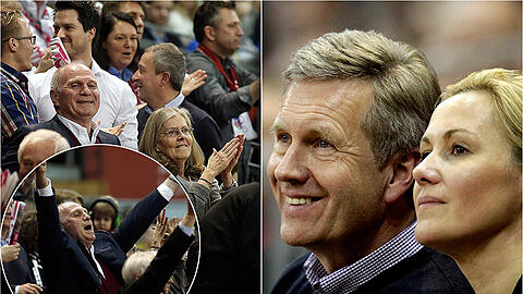 Beim Halbfinal Sieg des FC Bayern Basketball unter den Zuschauern im Audi Dome: Uli Hoeneß mit seiner Frau Susi (l.) und Christian Wulff mit seiner Frau Bettina.
