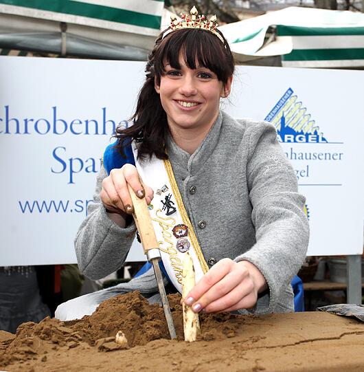 Spargelkönigin Daniela Kögler hat am Mittwoch auf dem Viktualienmarkt gemeinsam mit dem bayerischen Landwirtschaftsminister Brunner die Spargelsaison eröffnet. Spargel ist die flächenmäßig bedeutendste Gemüsekultur in Bayern. Bayerischer Spargel kostet zwischen sieben und neun Euro pro Kilogramm. Die wichtigsten Anbaugebiete in Bayern sind Franken, die Region um das schwaebische Schrobenhausen sowie um Abensberg in Niederbayern. Sehen Sie hier die Bilder vom Viktualienmarkt.
